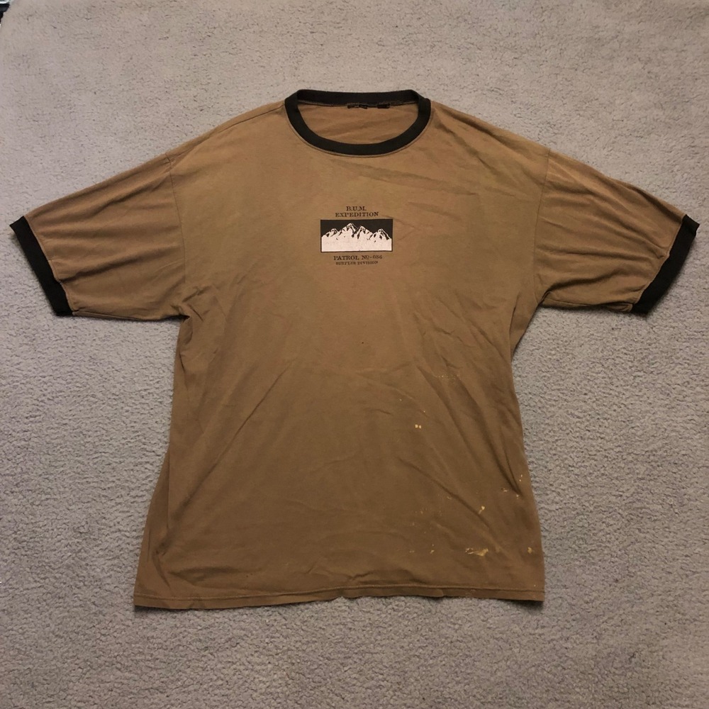 Vtg B.U.M. Expedition Ringer Tee Brown Patrol No-086 Mountain Graphic Distressed